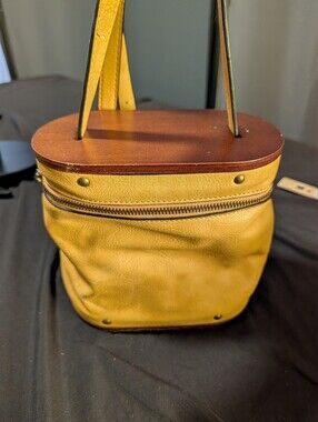 Yellow Leather Bucket Bag with Wood Top Vintage Purse Wes Anderson Vibe